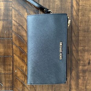 Michael Kors Black Saffiano Wristlet Wallet with Gold Hardware
